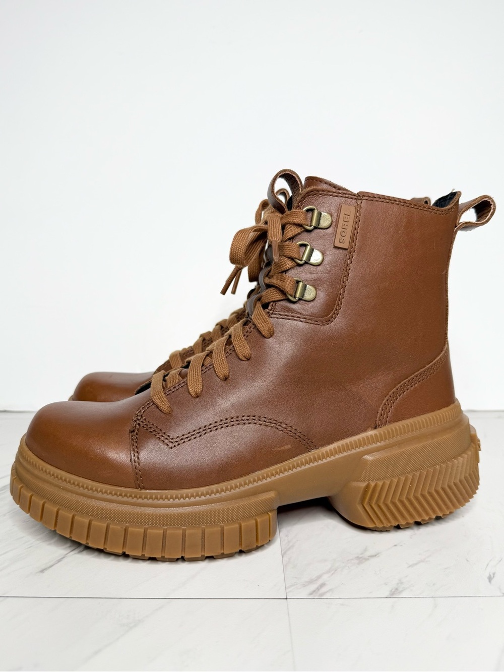 New! Sorel Ona Ave Brown Leather Chunky Lace Up Boot 8 1/2